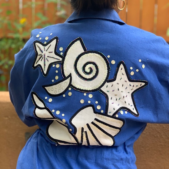 ibe Vintage 1980s Blue Linen Sea Shell Blazer Size 6 Novelty Print - Picture 2 of 12